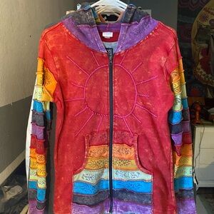 Vintage 90’s Greater Good Network Red W/rainbow Sleeves/Hood Jacket w/Sun Design